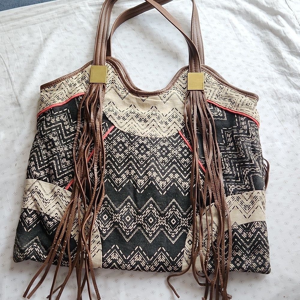 Ella Moss Linen Blend Aztec Canvas Tapestry and Leather Fringe Tote Bag